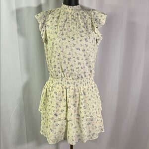 1. State Pale Yellow & Blue Floral Print Drop Waist Smocked Flutter Sleeve Dress